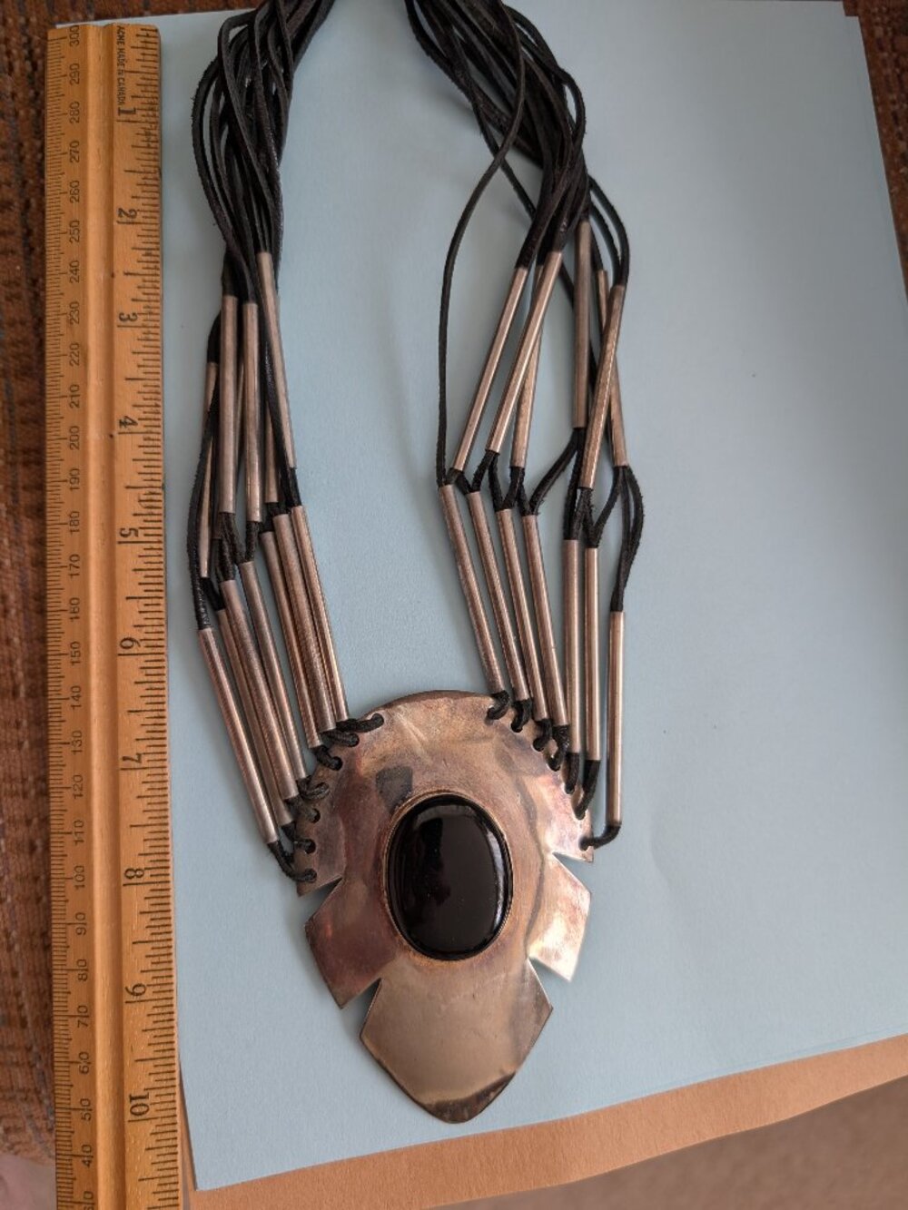 Vintage 80's Metal and Leather Pendant necklace with Black Stone